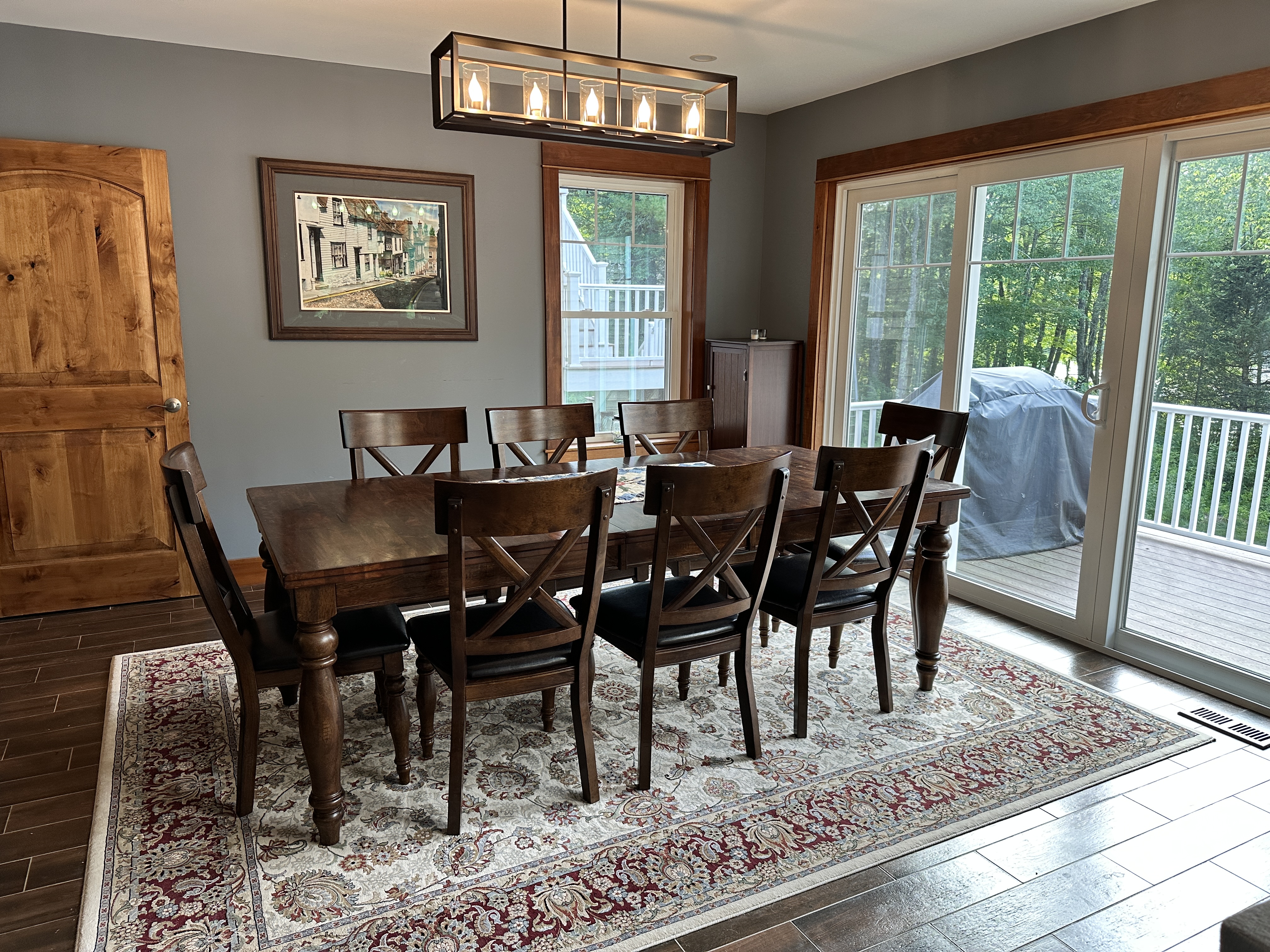 Dining table, seats eight — Harmony House, Harvey Lake NH